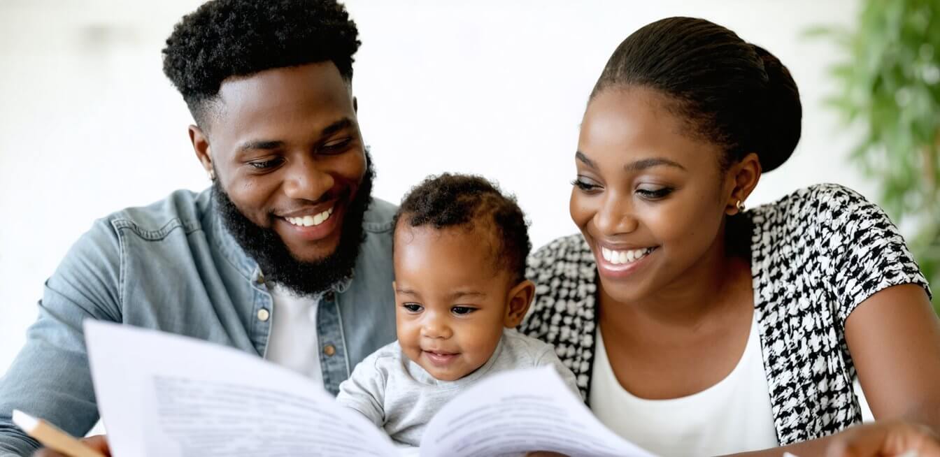 A smiling Nigerian family of three looks at documents together